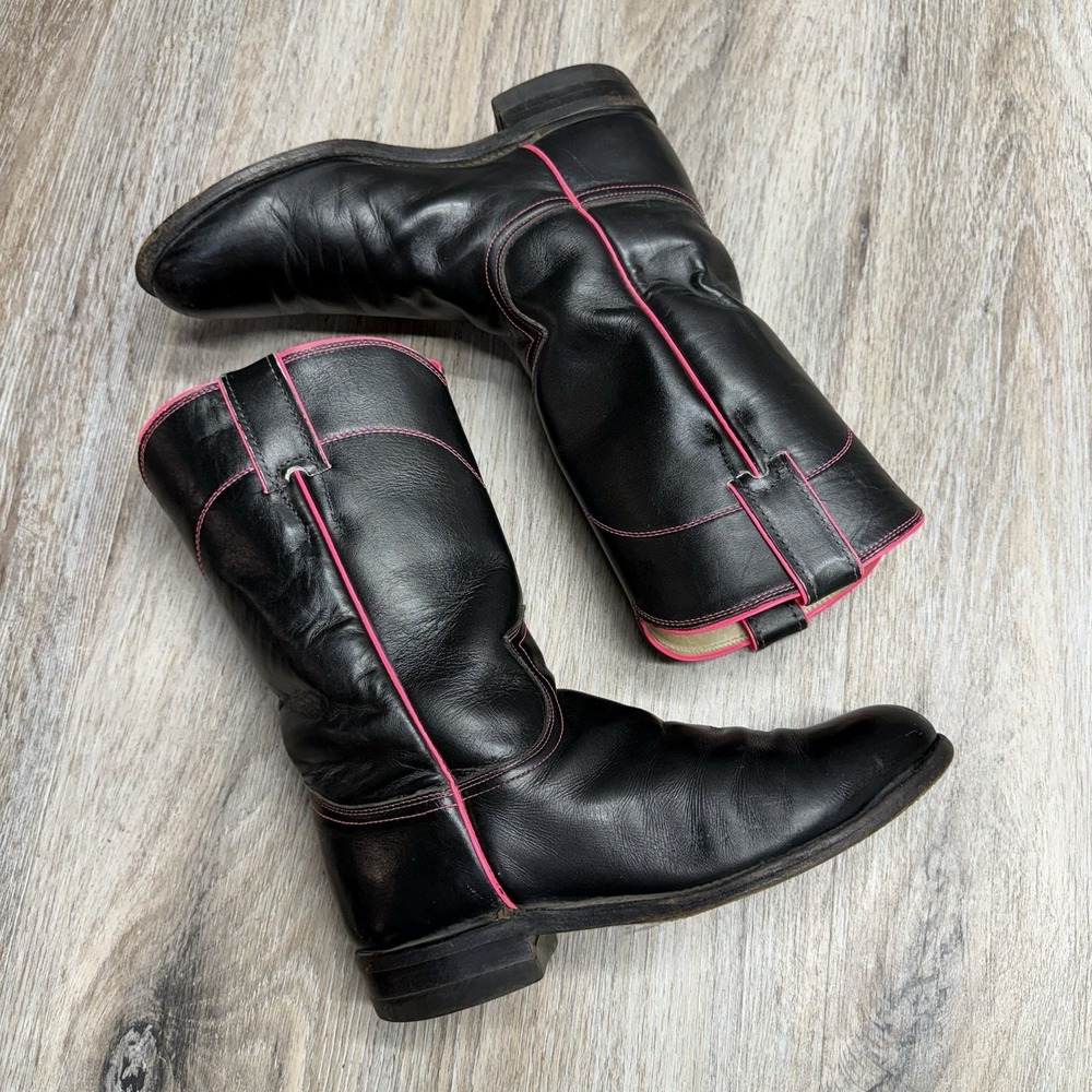 VTG 90s Justin Roper Boots Womens 6B Black & Pink Pull On Western Cowgirl USA